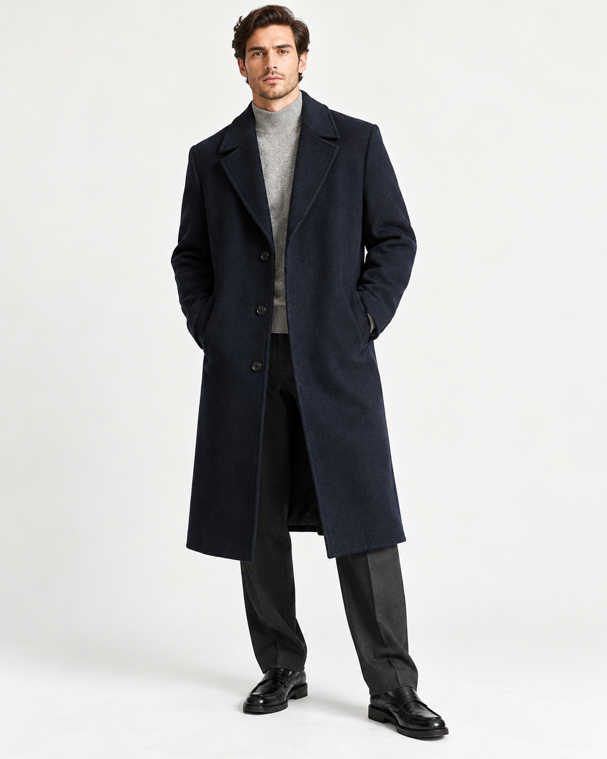 DFCOLOR::Navy::onbody-studio — Long Tailored Overcoat, full-length model wear photo, Navy