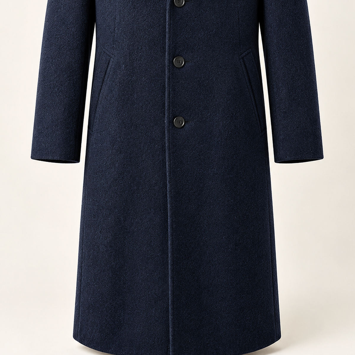 DFCOLOR::Navy::detail-pocket-hem — Long Tailored Overcoat, Navy front pockets and hem silhouette