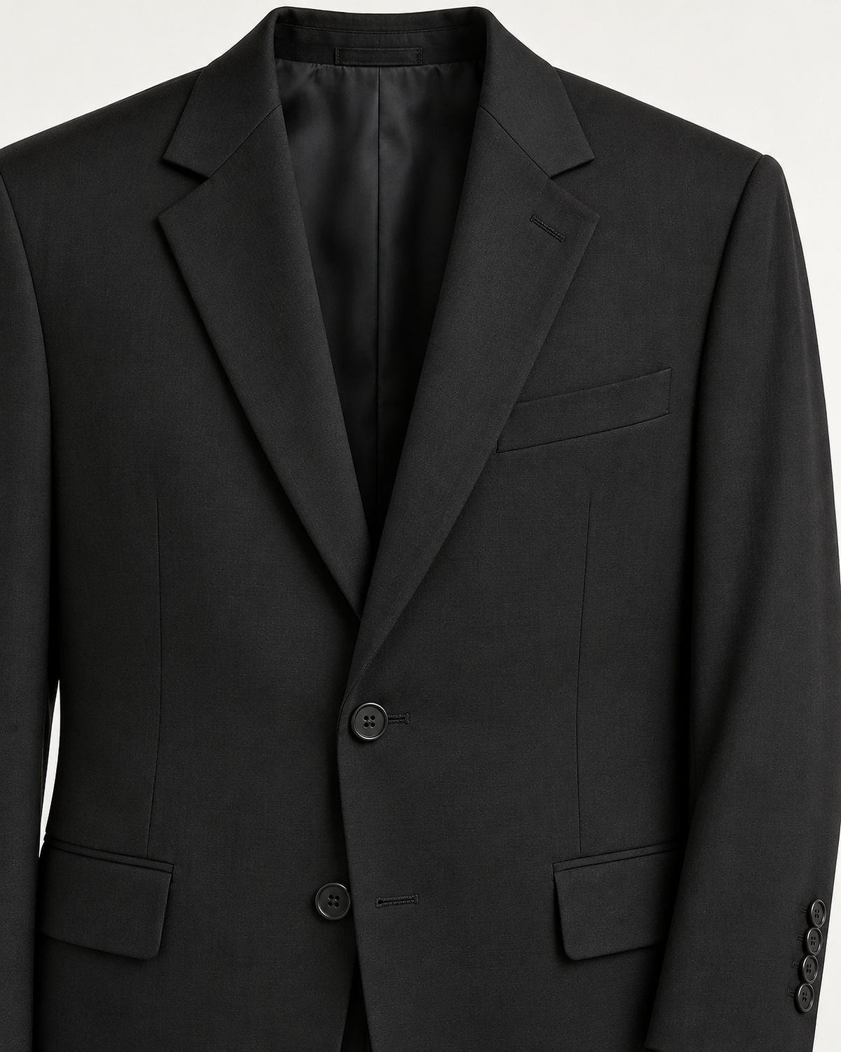 DFCOLOR::Black::detail — Black Oversized Wide-Leg Two-Piece Suit — notch lapel, single-breasted two-button front, black serge texture