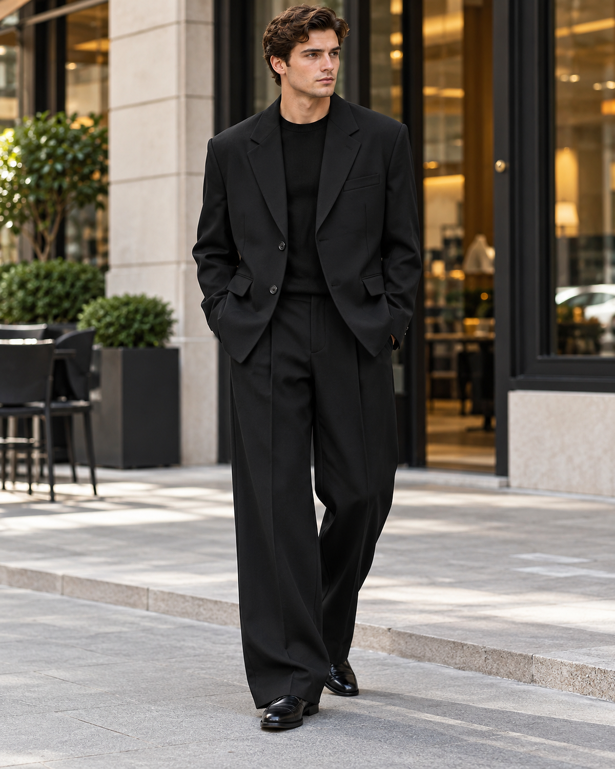 DFCOLOR::Black::lifestyle — Black Oversized Wide-Leg Two-Piece Suit — single-breasted black serge suit in contemporary city setting