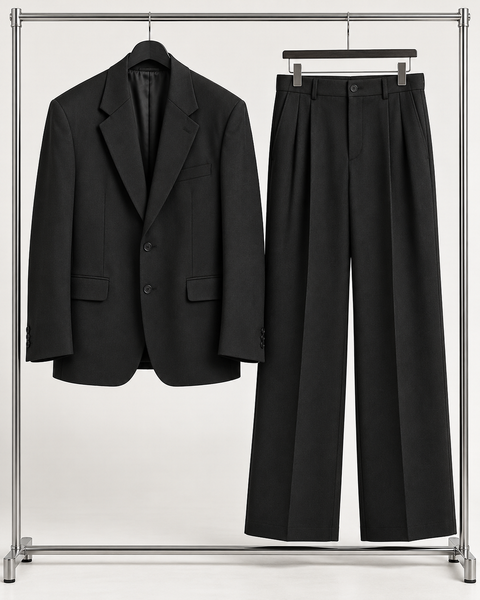 DFCOLOR::Black::product-front — Black Oversized Wide-Leg Two-Piece Suit — single-breasted two-button black serge jacket and matching wide-leg trousers