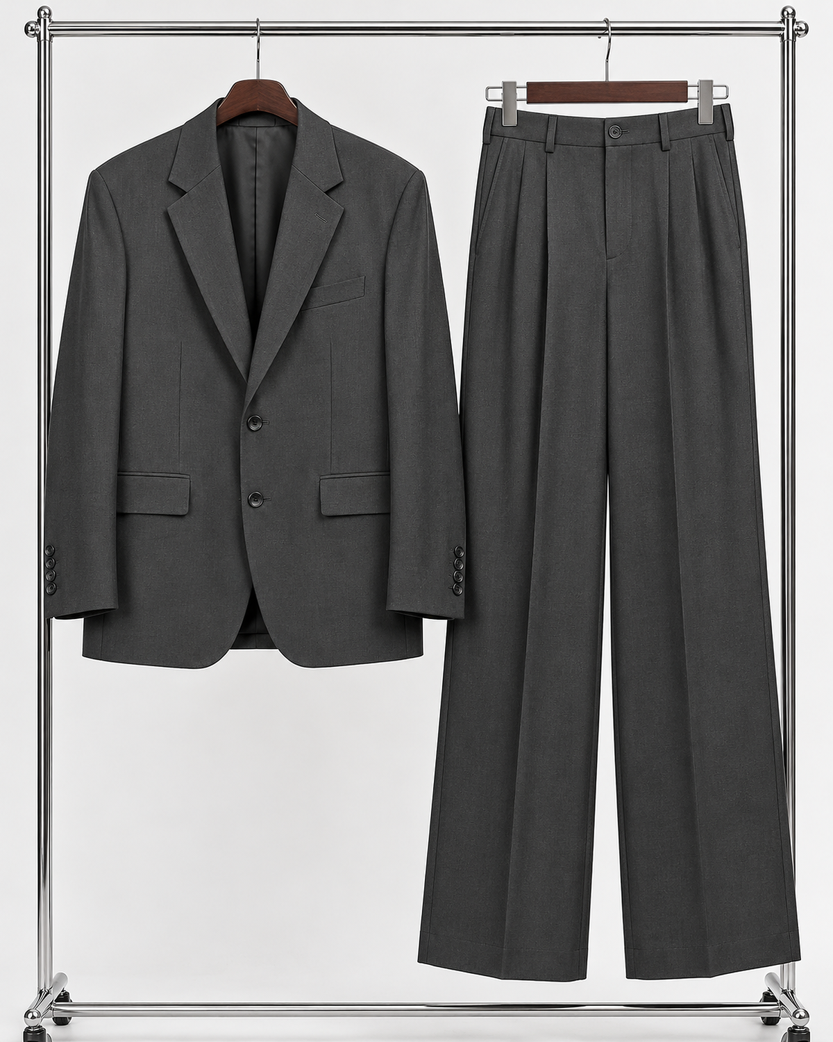 DFCOLOR::Charcoal::product — Black Oversized Wide-Leg Two-Piece Suit — single-breasted two-button charcoal serge jacket and matching wide-leg trousers
