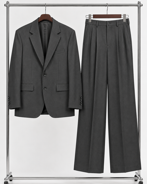 DFCOLOR::Charcoal::product — Black Oversized Wide-Leg Two-Piece Suit — single-breasted two-button charcoal serge jacket and matching wide-leg trousers