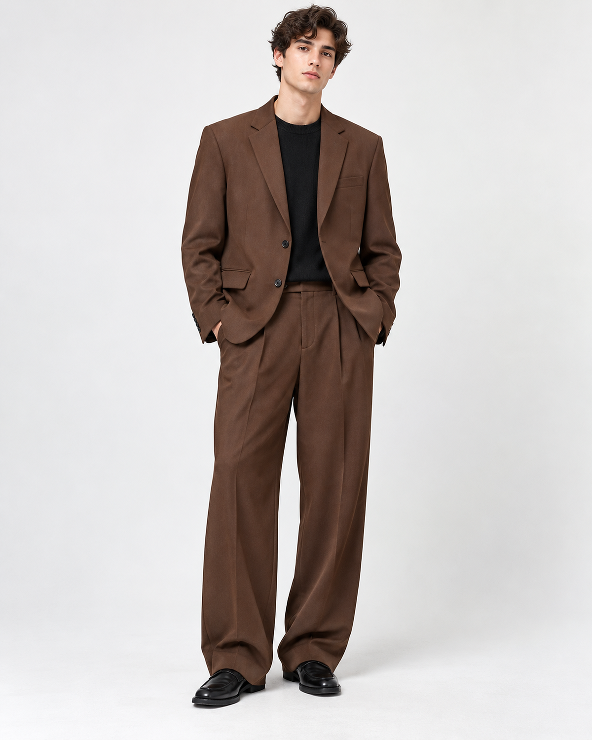 DFCOLOR::Chocolate::onbody — Black Oversized Wide-Leg Two-Piece Suit — single-breasted two-button chocolate serge suit, full-length studio view
