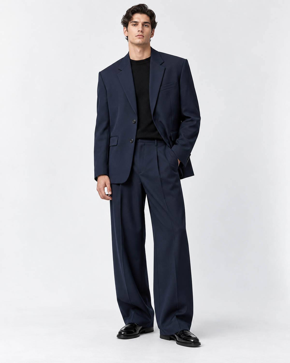 DFCOLOR::Navy::onbody — Black Oversized Wide-Leg Two-Piece Suit — single-breasted two-button navy serge suit, full-length studio view