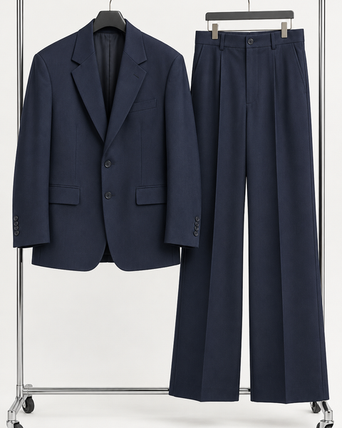 DFCOLOR::Navy::product — Black Oversized Wide-Leg Two-Piece Suit — single-breasted two-button navy serge jacket and matching wide-leg trousers