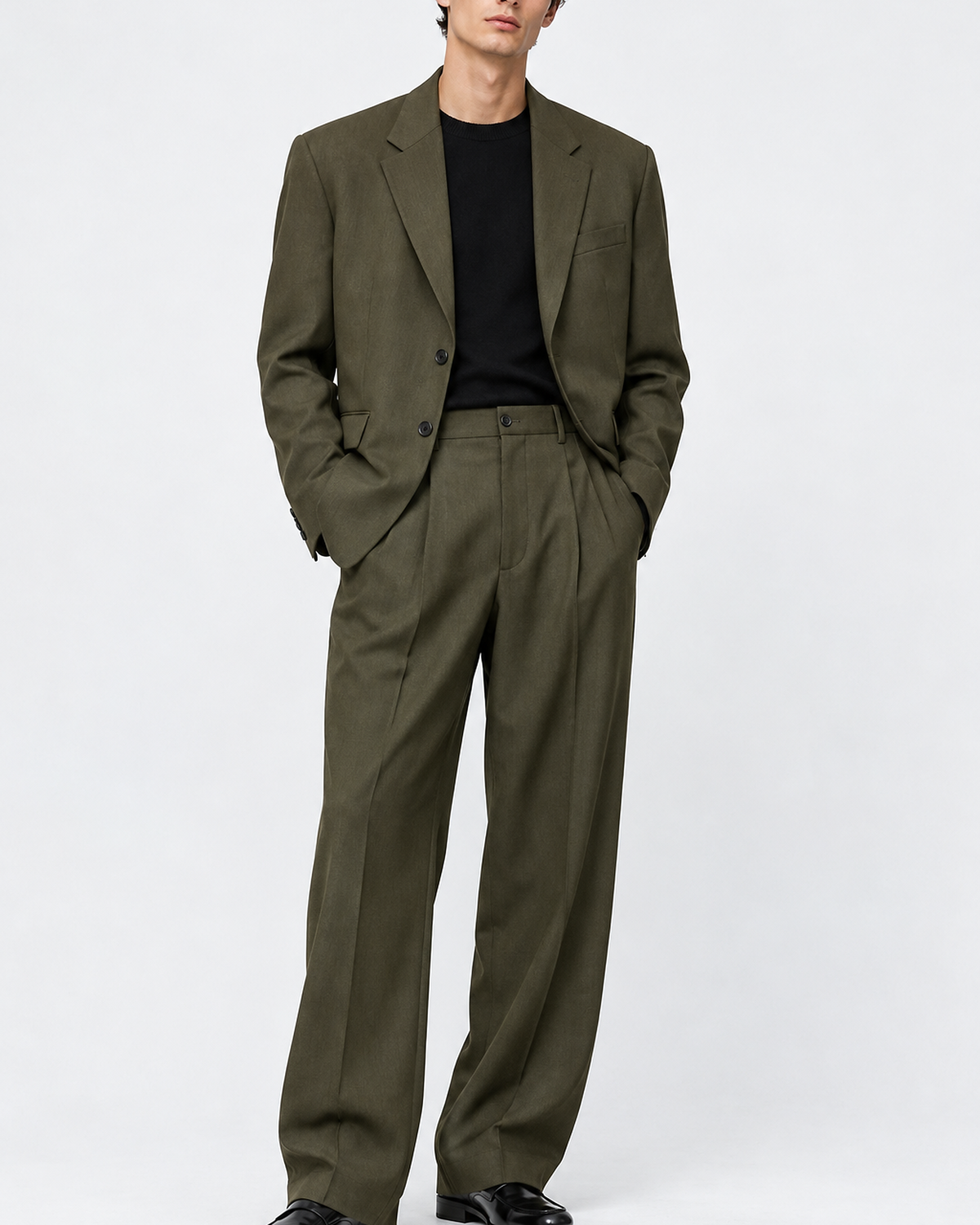 DFCOLOR::Olive::onbody — Black Oversized Wide-Leg Two-Piece Suit — single-breasted two-button olive serge suit, full-length studio view