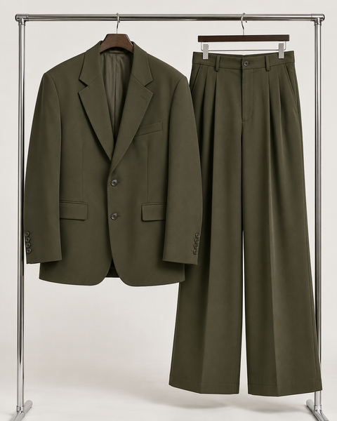 DFCOLOR::Olive::product — Black Oversized Wide-Leg Two-Piece Suit — single-breasted two-button olive serge jacket and matching wide-leg trousers