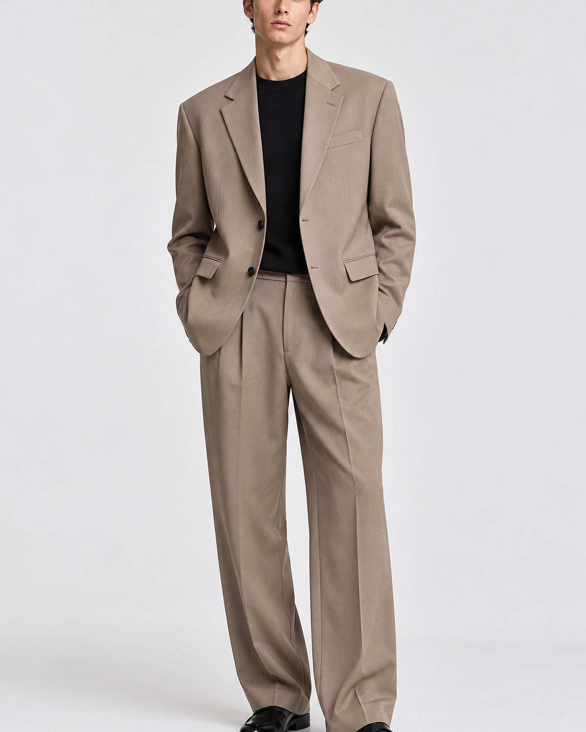 DFCOLOR::Taupe::onbody — Black Oversized Wide-Leg Two-Piece Suit — single-breasted two-button taupe serge suit, full-length studio view
