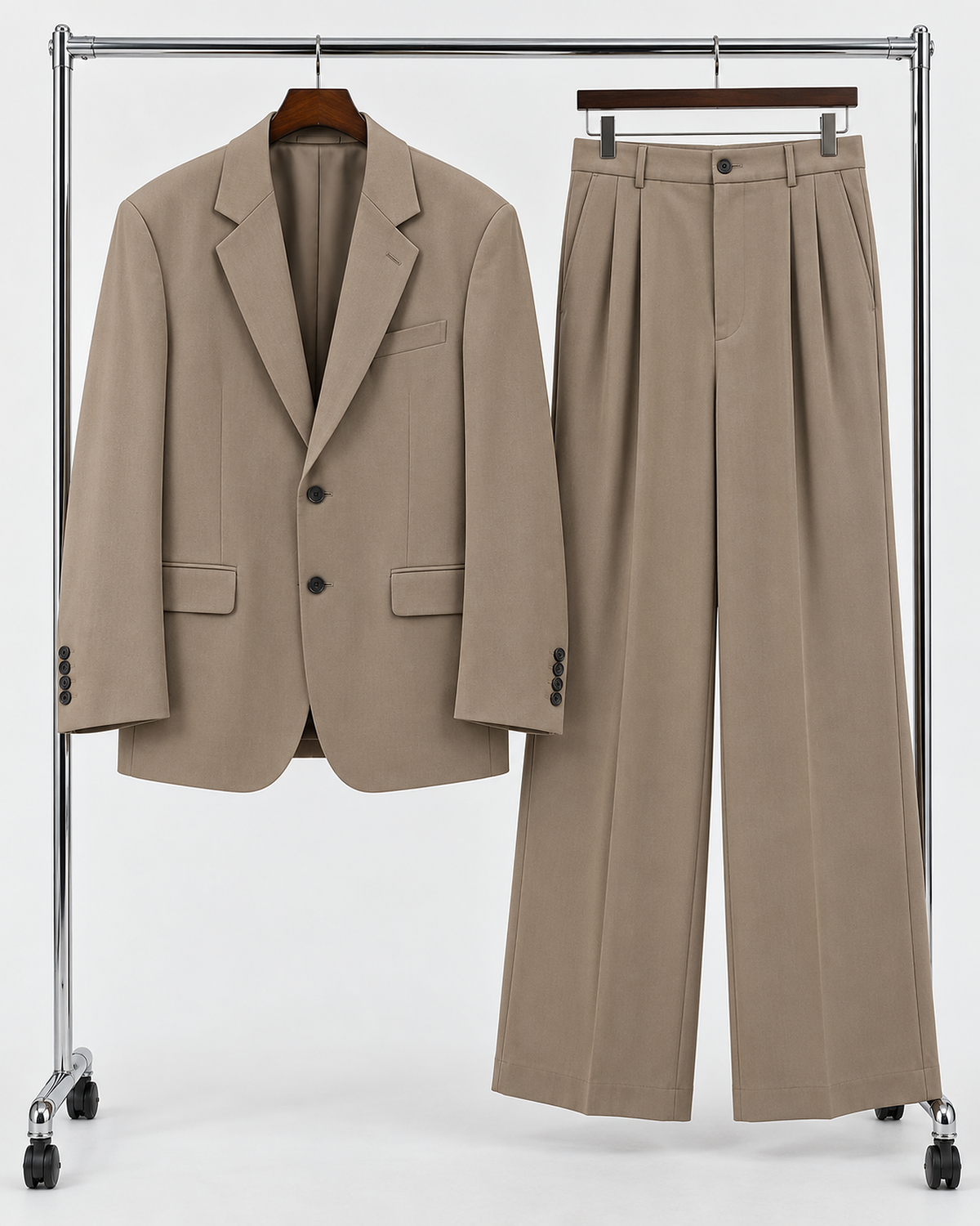 DFCOLOR::Taupe::product — Black Oversized Wide-Leg Two-Piece Suit — single-breasted two-button taupe serge jacket and matching wide-leg trousers