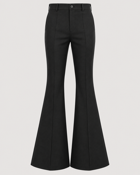 DFCOLOR::Black::product-front — Retro 70s Bell-Bottom Flare Pants; sharp 2400x3000 product photo, high-rise single button fly and accurate 70s flare