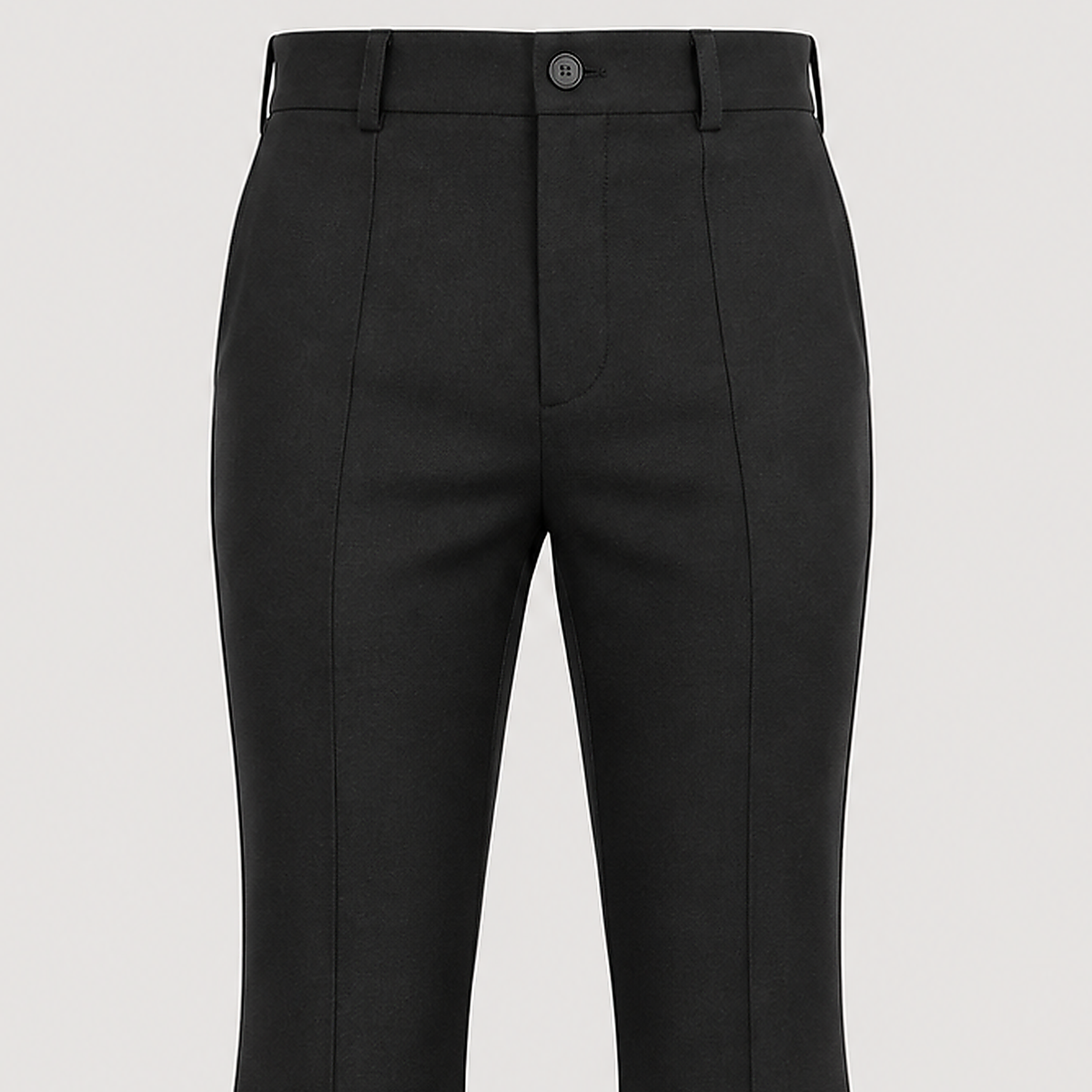 DFCOLOR::Black::detail-waist — high-definition closeup from exact Black product-front with button, fabric drape, waistband and belt loops; 2000x2000
