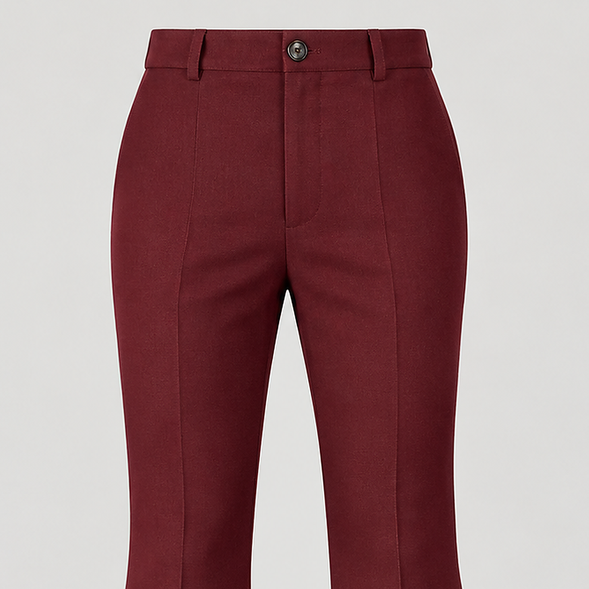 DFCOLOR::Burgundy::detail-waist — high-definition closeup from exact Burgundy product-front with button, fabric drape, waistband and belt loops; 2000x2000