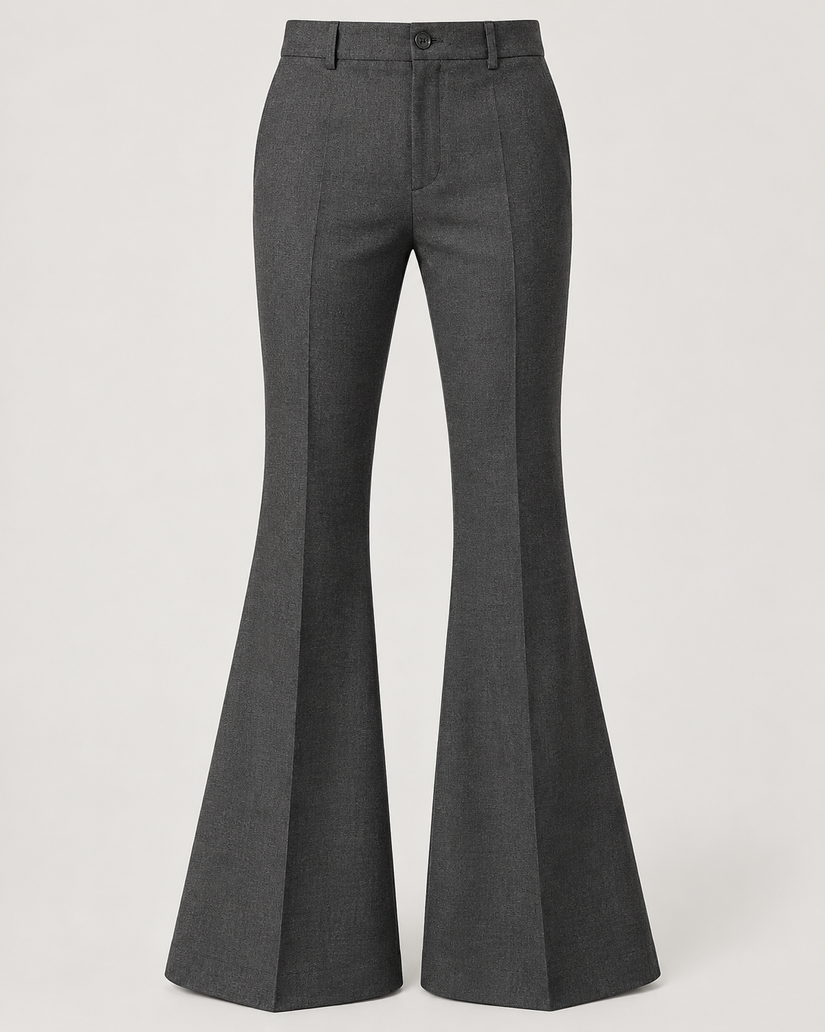 DFCOLOR::Charcoal::product-front — Retro 70s Bell-Bottom Flare Pants; sharp 2400x3000 product photo, high-rise single button fly and accurate 70s flare