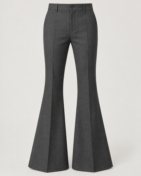 DFCOLOR::Charcoal::product-front — Retro 70s Bell-Bottom Flare Pants; sharp 2400x3000 product photo, high-rise single button fly and accurate 70s flare