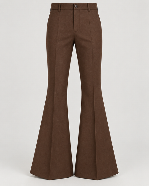 DFCOLOR::Espresso::product-front — Retro 70s Bell-Bottom Flare Pants; sharp 2400x3000 product photo, high-rise single button fly and accurate 70s flare