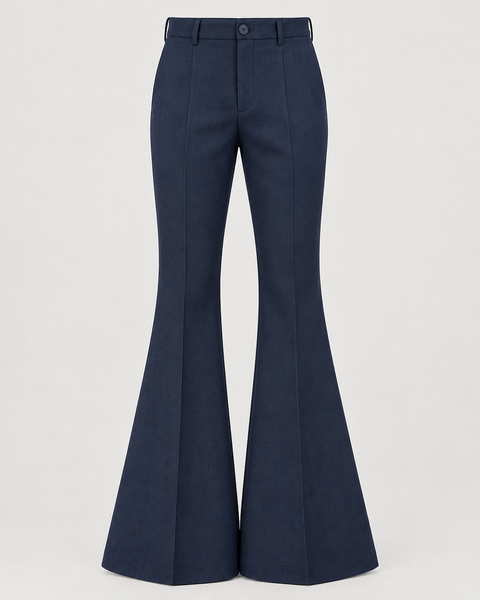 DFCOLOR::Navy::product-front — Retro 70s Bell-Bottom Flare Pants; sharp 2400x3000 product photo, high-rise single button fly and accurate 70s flare