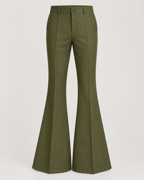 DFCOLOR::Olive::product-front — Retro 70s Bell-Bottom Flare Pants; sharp 2400x3000 product photo, high-rise single button fly and accurate 70s flare