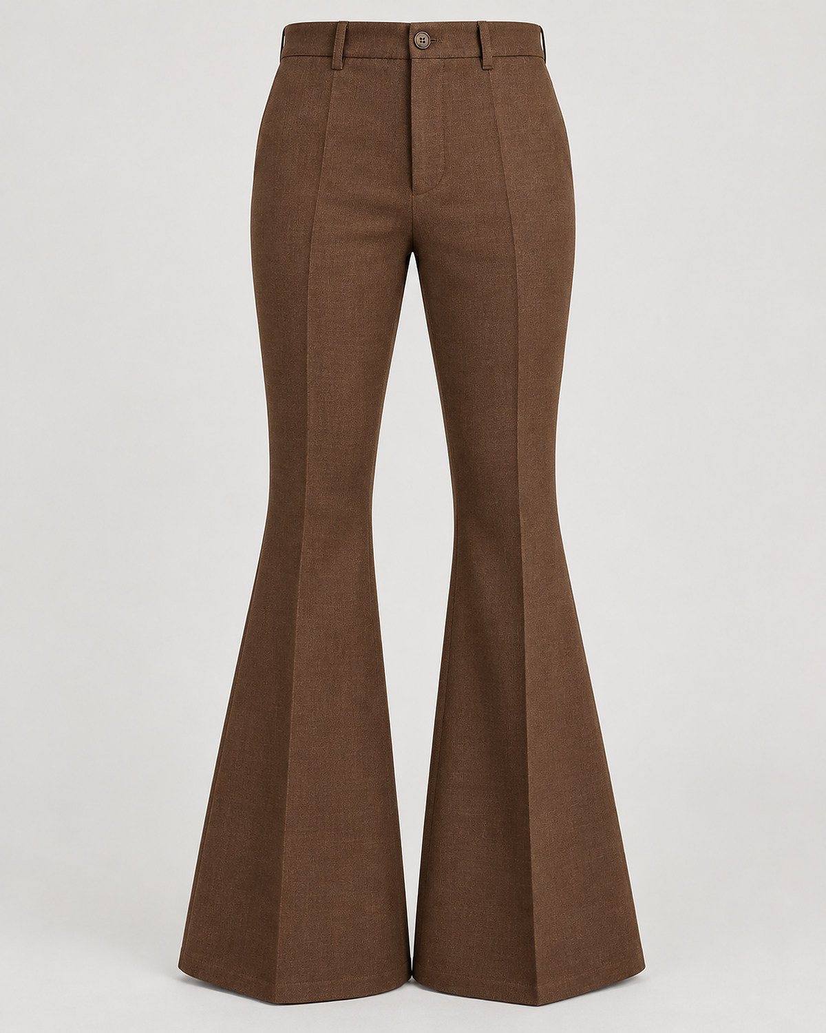 DFCOLOR::Walnut::product-front — Retro 70s Bell-Bottom Flare Pants; sharp 2400x3000 product photo, high-rise single button fly and accurate 70s flare