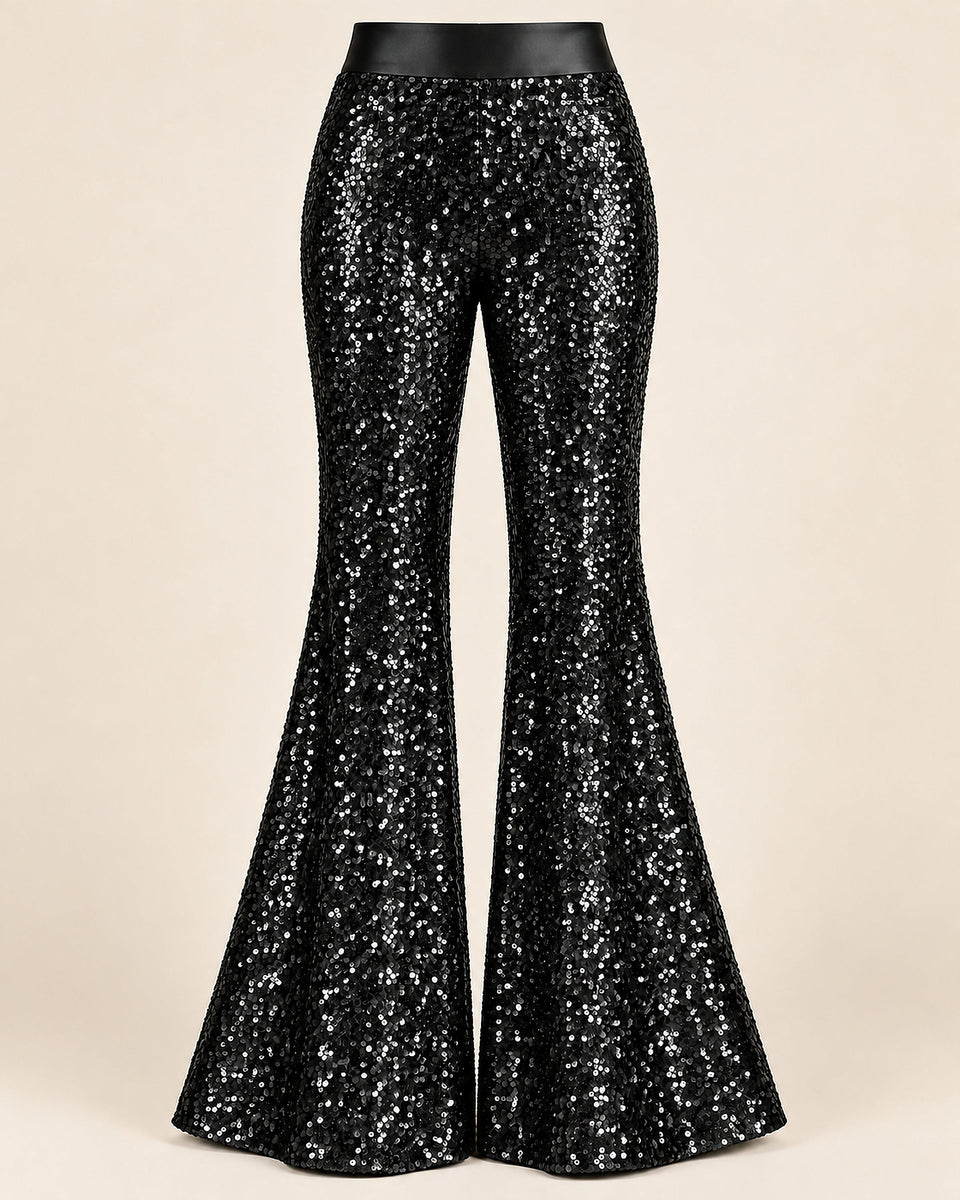 DFCOLOR::Black::product-front — Sparkle Sequin Flare Pants; crisp high-resolution sequin texture; smooth same-color unsequined satin waistband