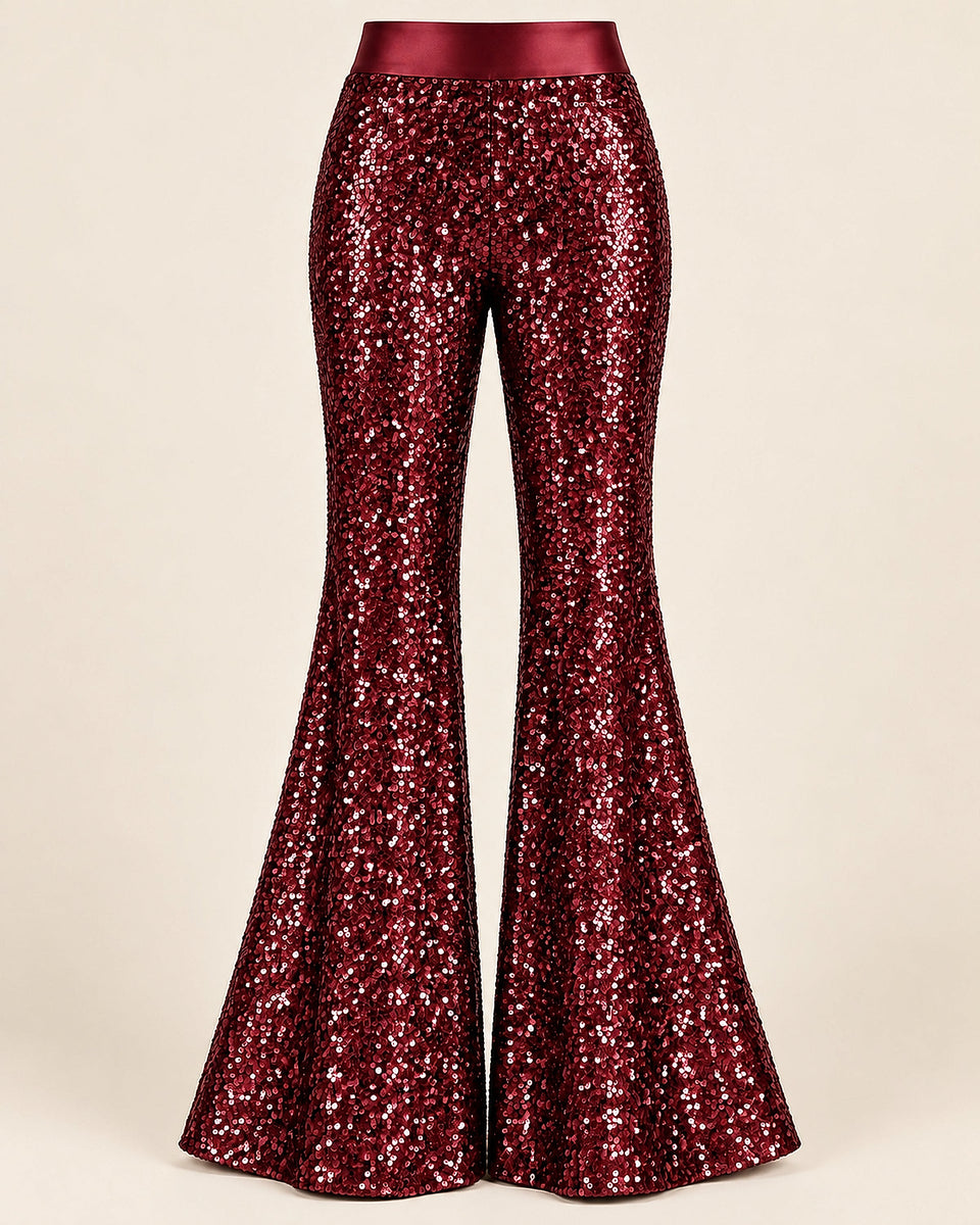 DFCOLOR::Burgundy::product-front — Sparkle Sequin Flare Pants; crisp high-resolution sequin texture; smooth same-color unsequined satin waistband