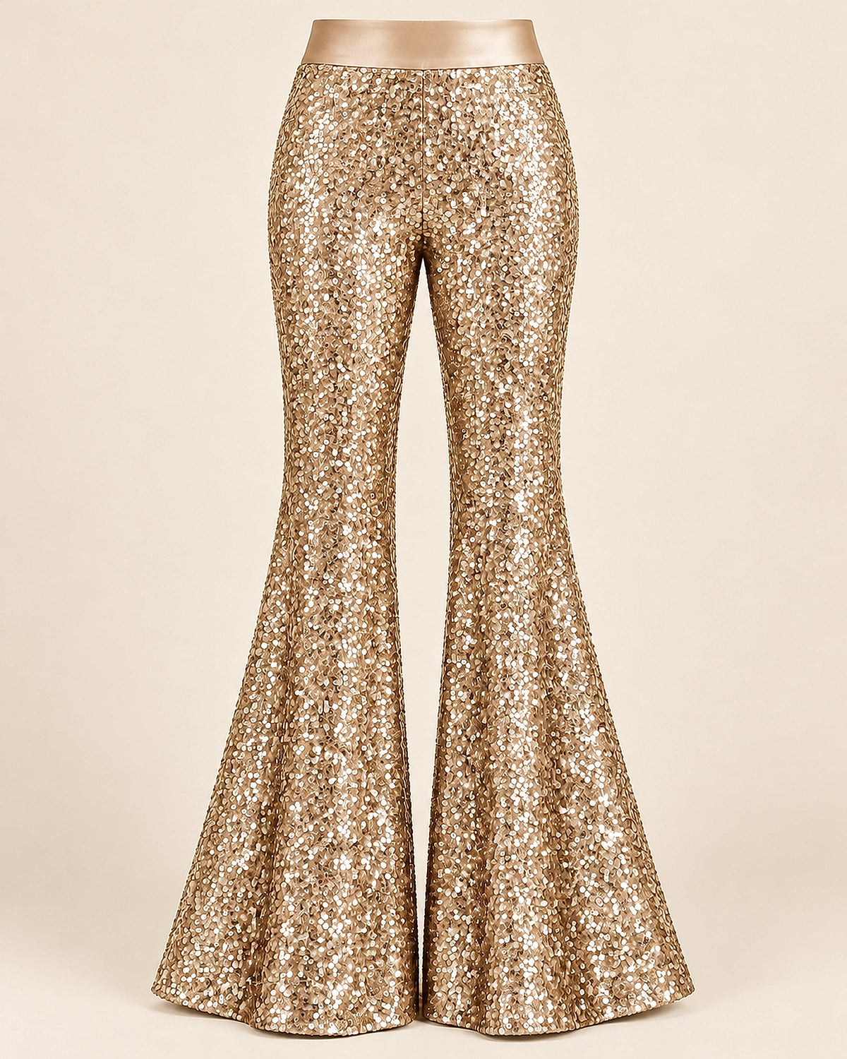 DFCOLOR::Champagne::product-front — Sparkle Sequin Flare Pants; crisp high-resolution sequin texture; smooth same-color unsequined satin waistband