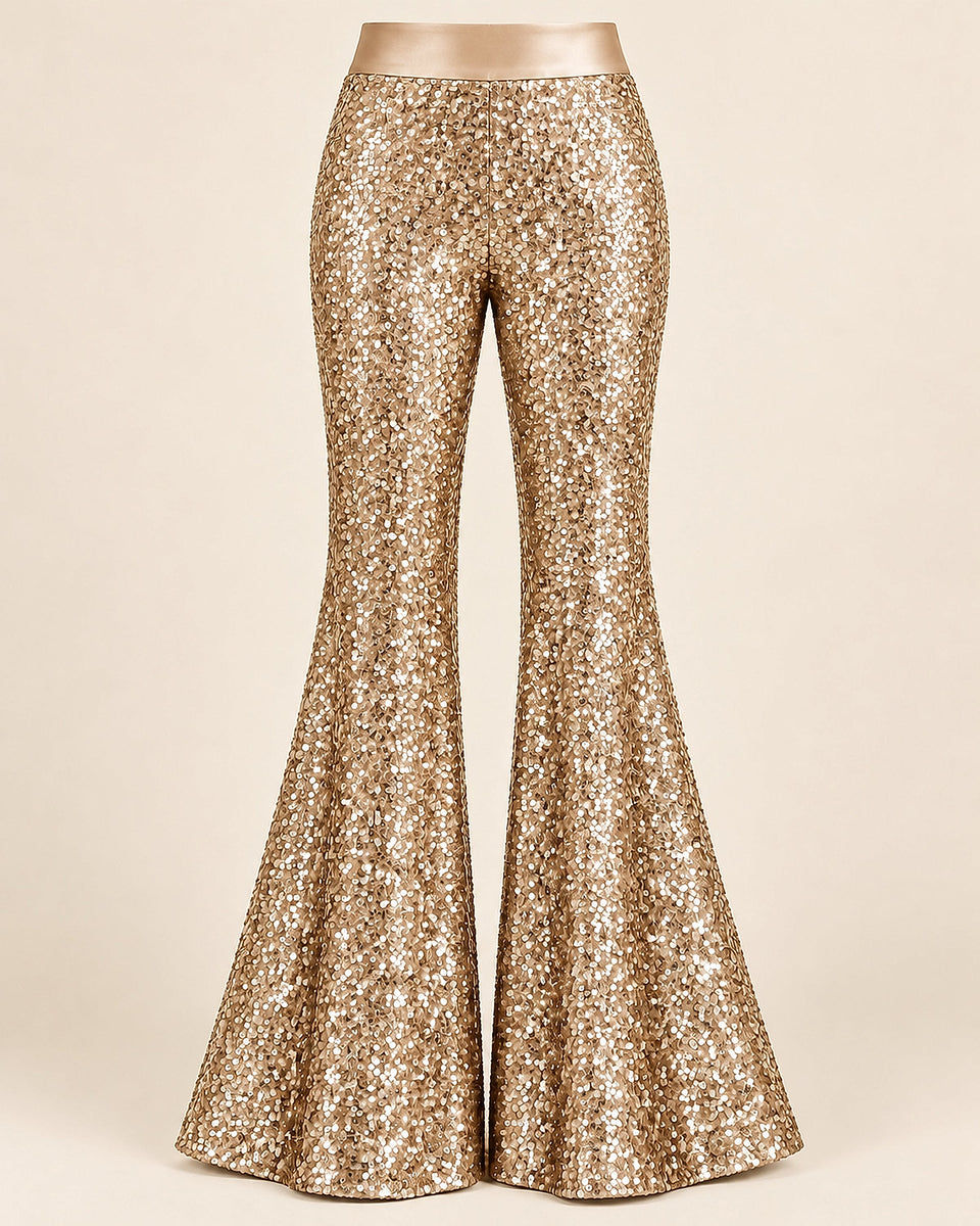 DFCOLOR::Champagne::product-front — Sparkle Sequin Flare Pants; crisp high-resolution sequin texture; smooth same-color unsequined satin waistband
