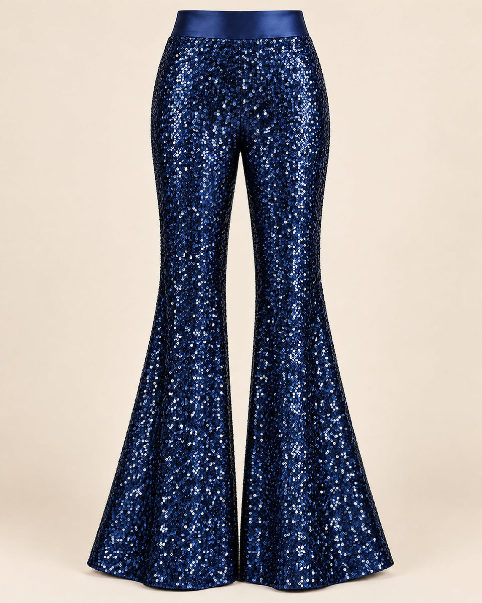 DFCOLOR::Navy::product-front — Sparkle Sequin Flare Pants; crisp high-resolution sequin texture; smooth same-color unsequined satin waistband