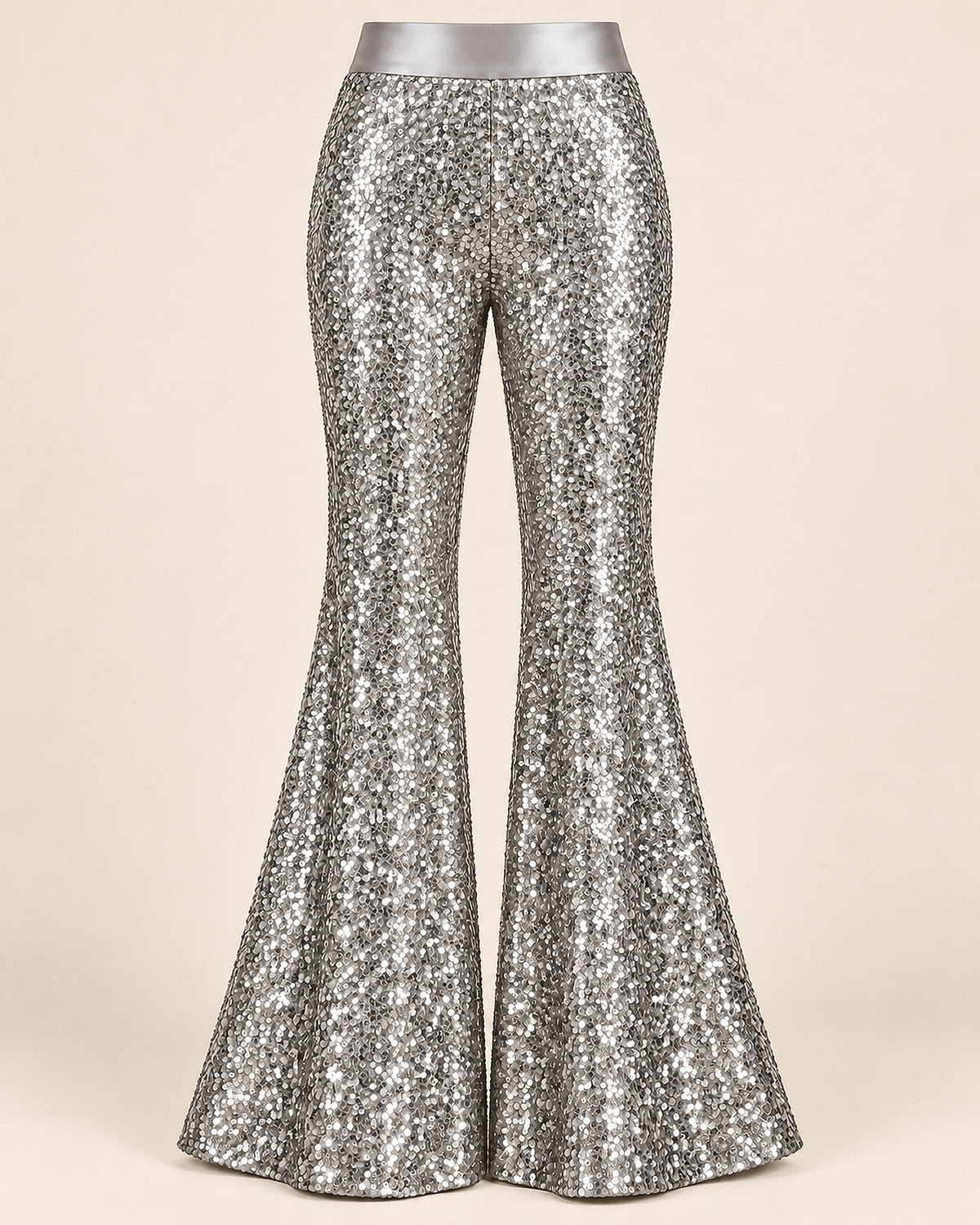 DFCOLOR::Silver::product-front — Sparkle Sequin Flare Pants; crisp high-resolution sequin texture; smooth same-color unsequined satin waistband