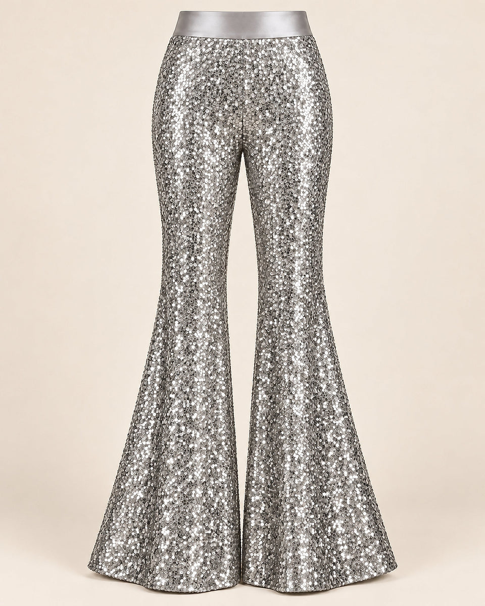 DFCOLOR::Silver::product-front — Sparkle Sequin Flare Pants; crisp high-resolution sequin texture; smooth same-color unsequined satin waistband