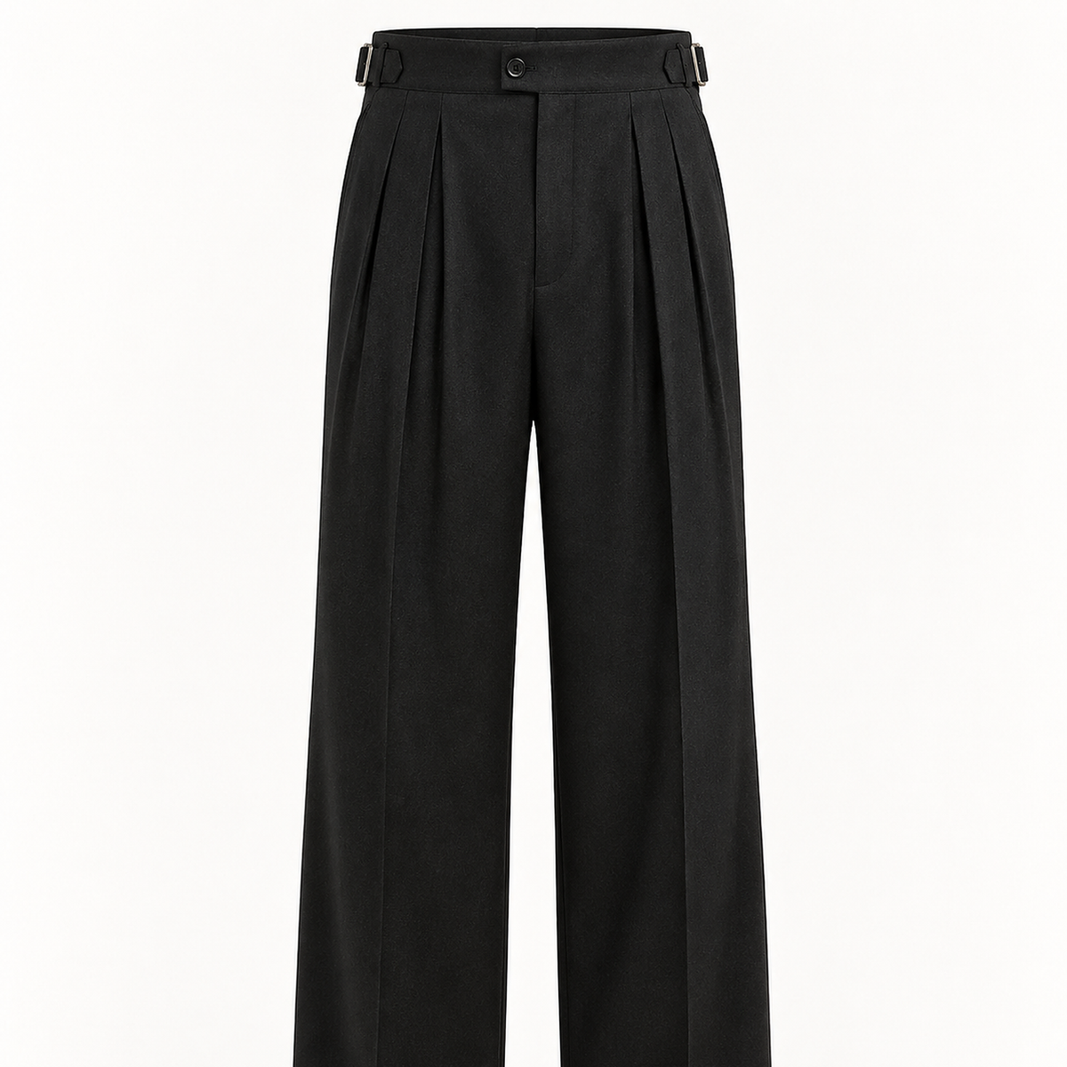 DFCOLOR::Black::detail-waist-pleat — Cropped original product-front photo showing high-rise waistband, side adjusters, pleat structure