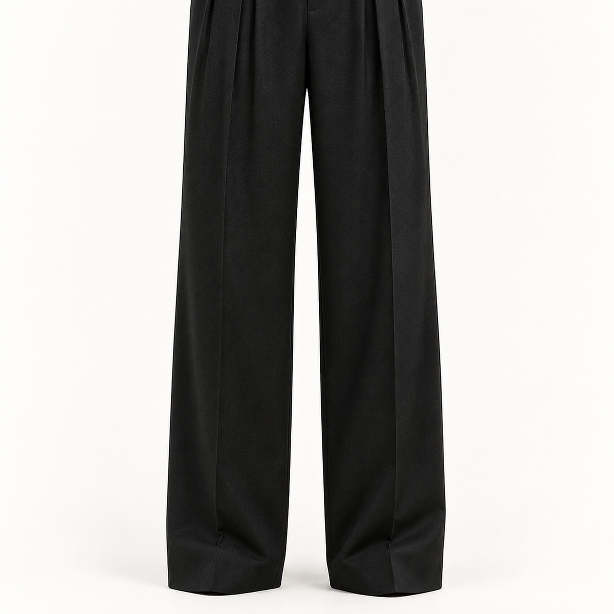 DFCOLOR::Black::detail-wide-leg-hem — Cropped original product photo showing wide-leg silhouette, straight crease and hem