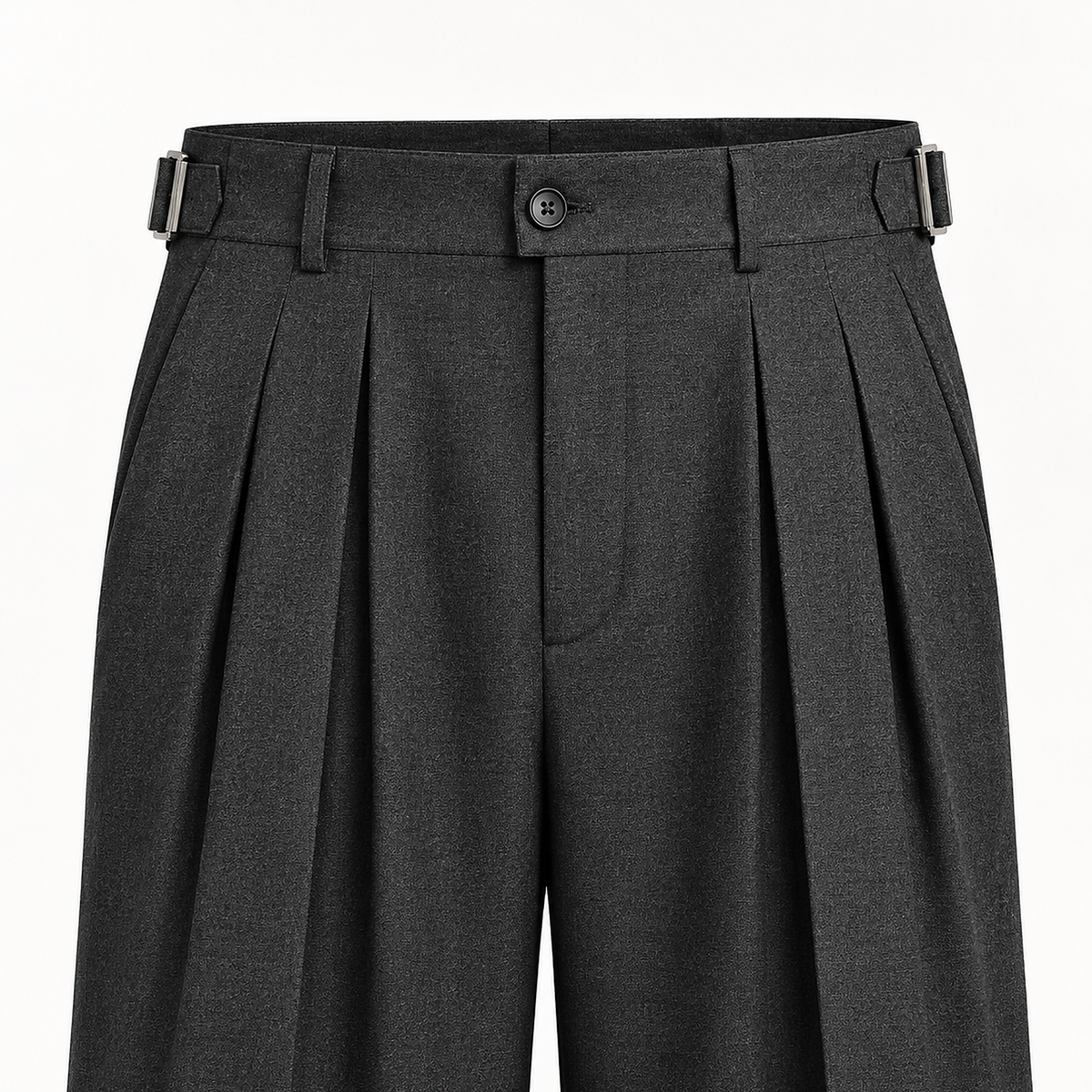 DFCOLOR::Charcoal::detail-waist-pleat — Charcoal High-Rise Wide-Pleat Trousers, close-up of both side buckles, center button and pleat construction