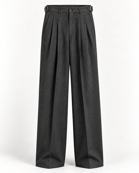 DFCOLOR::Charcoal::product-front — Charcoal High-Rise Wide-Pleat Trousers, crisp studio front with two side adjusters, front button and double pleats