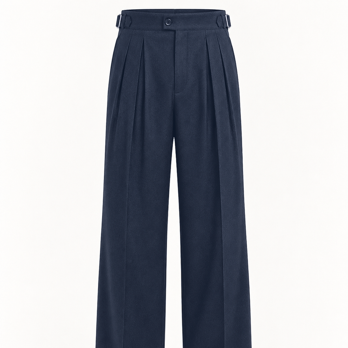 DFCOLOR::Navy::detail-waist-pleat — Cropped original product-front photo showing high-rise waistband, side adjusters, pleat structure