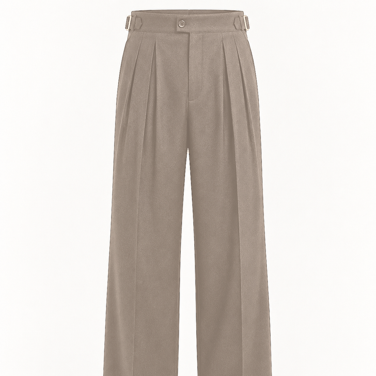 DFCOLOR::Taupe::detail-waist-pleat — Cropped original product-front photo showing high-rise waistband, side adjusters, pleat structure