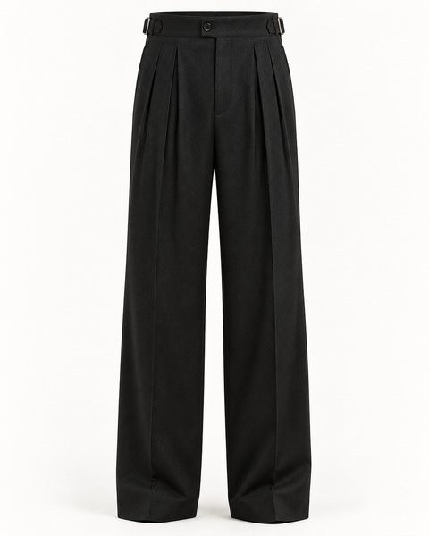 DFCOLOR::Black::product-front — Charcoal High-Rise Wide-Pleat Trousers, real-color matched 2400x3000 product photography