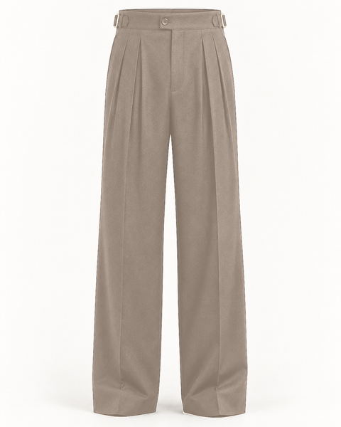 DFCOLOR::Taupe::product-front — Charcoal High-Rise Wide-Pleat Trousers, real-color matched 2400x3000 product photography