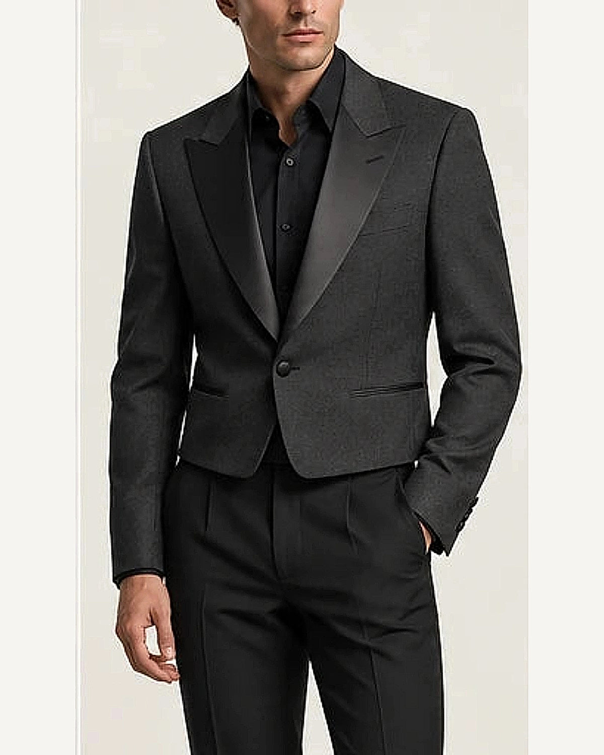 DFCOLOR::Charcoal::onbody — Black Cropped Dinner Jacket with Satin Lapels; 4:5 full-image reframed without crop