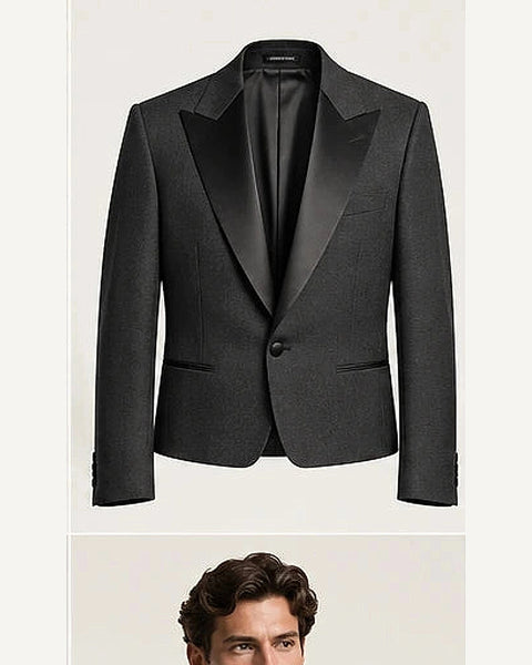 DFCOLOR::Charcoal::product — Black Cropped Dinner Jacket with Satin Lapels; 4:5 full-image reframed without crop