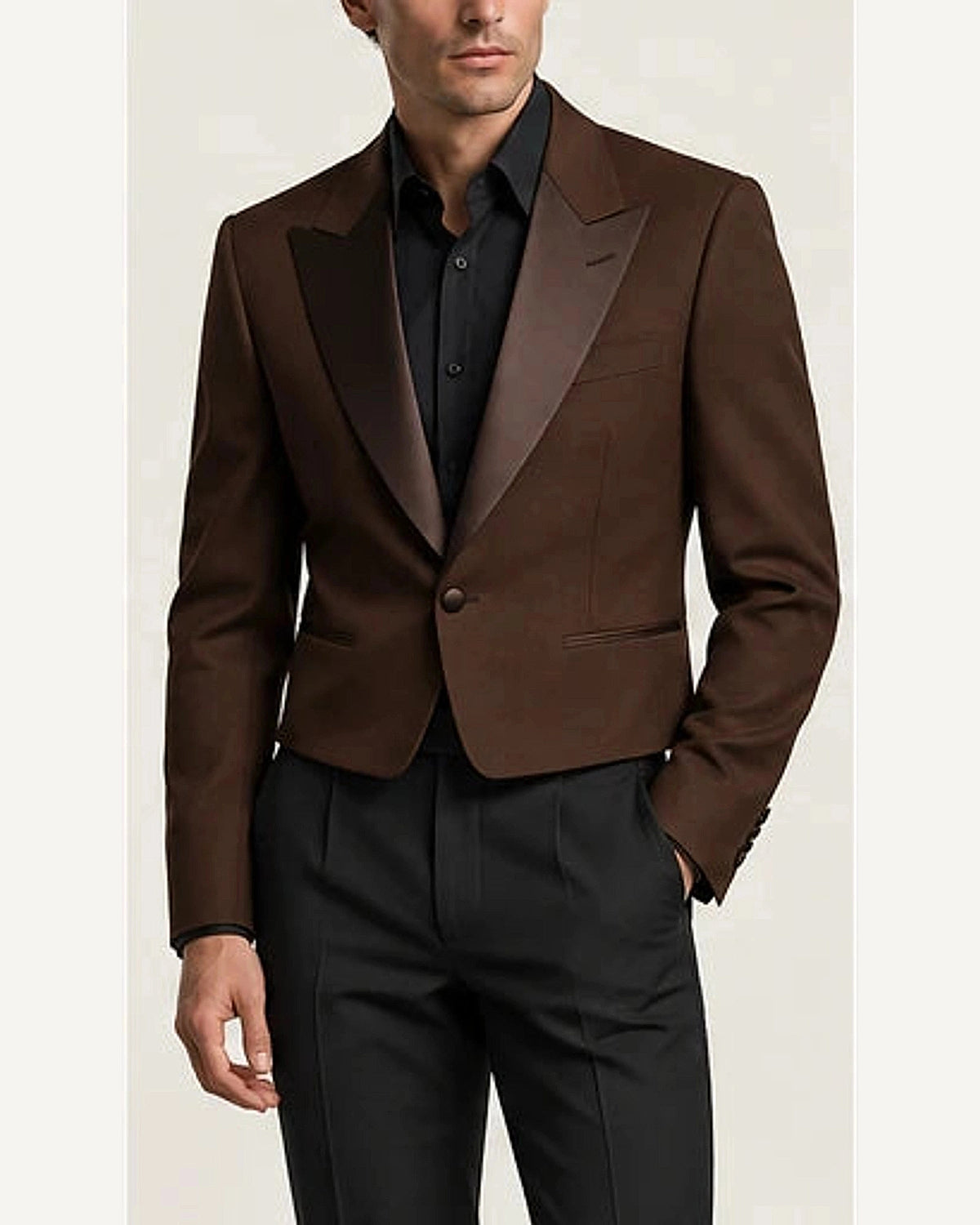 DFCOLOR::Chocolate::onbody — Black Cropped Dinner Jacket with Satin Lapels; 4:5 full-image reframed without crop