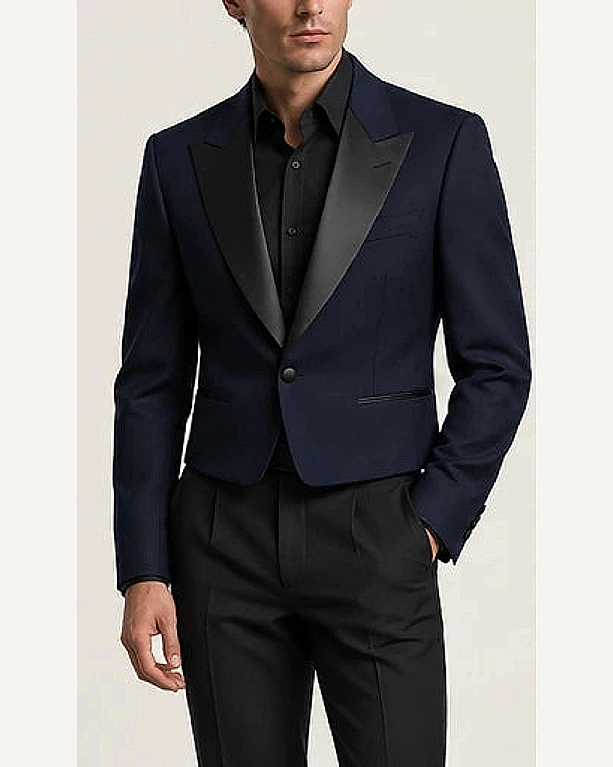DFCOLOR::Navy::onbody — Black Cropped Dinner Jacket with Satin Lapels; 4:5 full-image reframed without crop