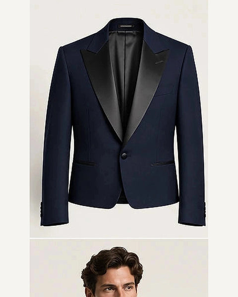 DFCOLOR::Navy::product — Black Cropped Dinner Jacket with Satin Lapels; 4:5 full-image reframed without crop