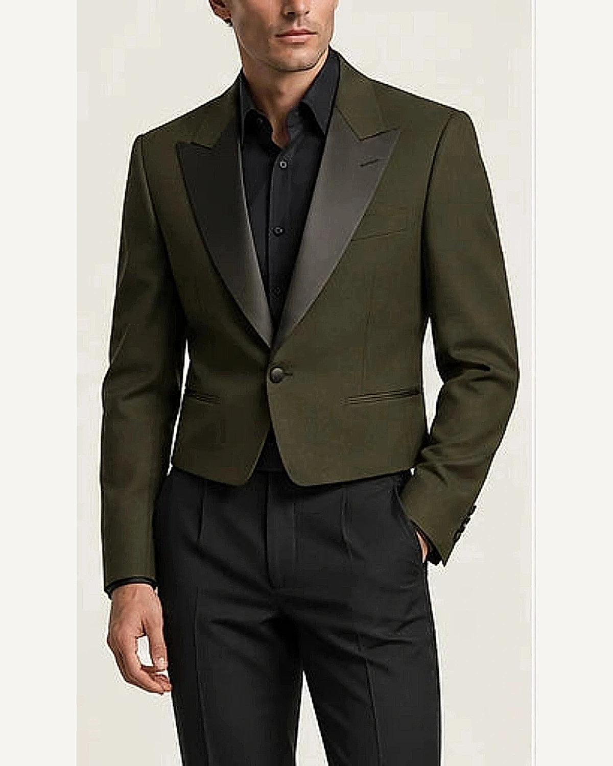 DFCOLOR::Olive::onbody — Black Cropped Dinner Jacket with Satin Lapels; 4:5 full-image reframed without crop