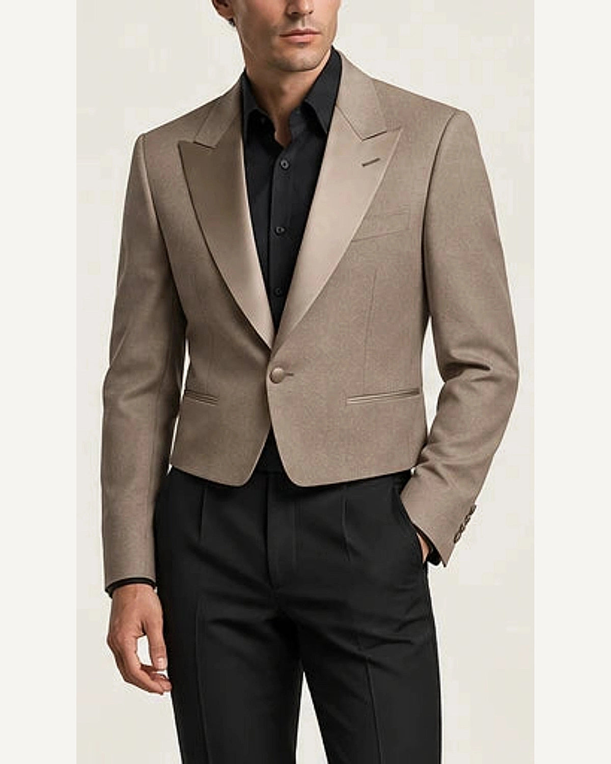 DFCOLOR::Taupe::onbody — Black Cropped Dinner Jacket with Satin Lapels; 4:5 full-image reframed without crop