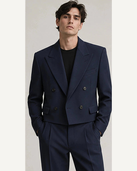 DFCOLOR::Navy::onbody — Charcoal Cropped Double-Breasted Blazer; 4:5 full-image reframed without crop