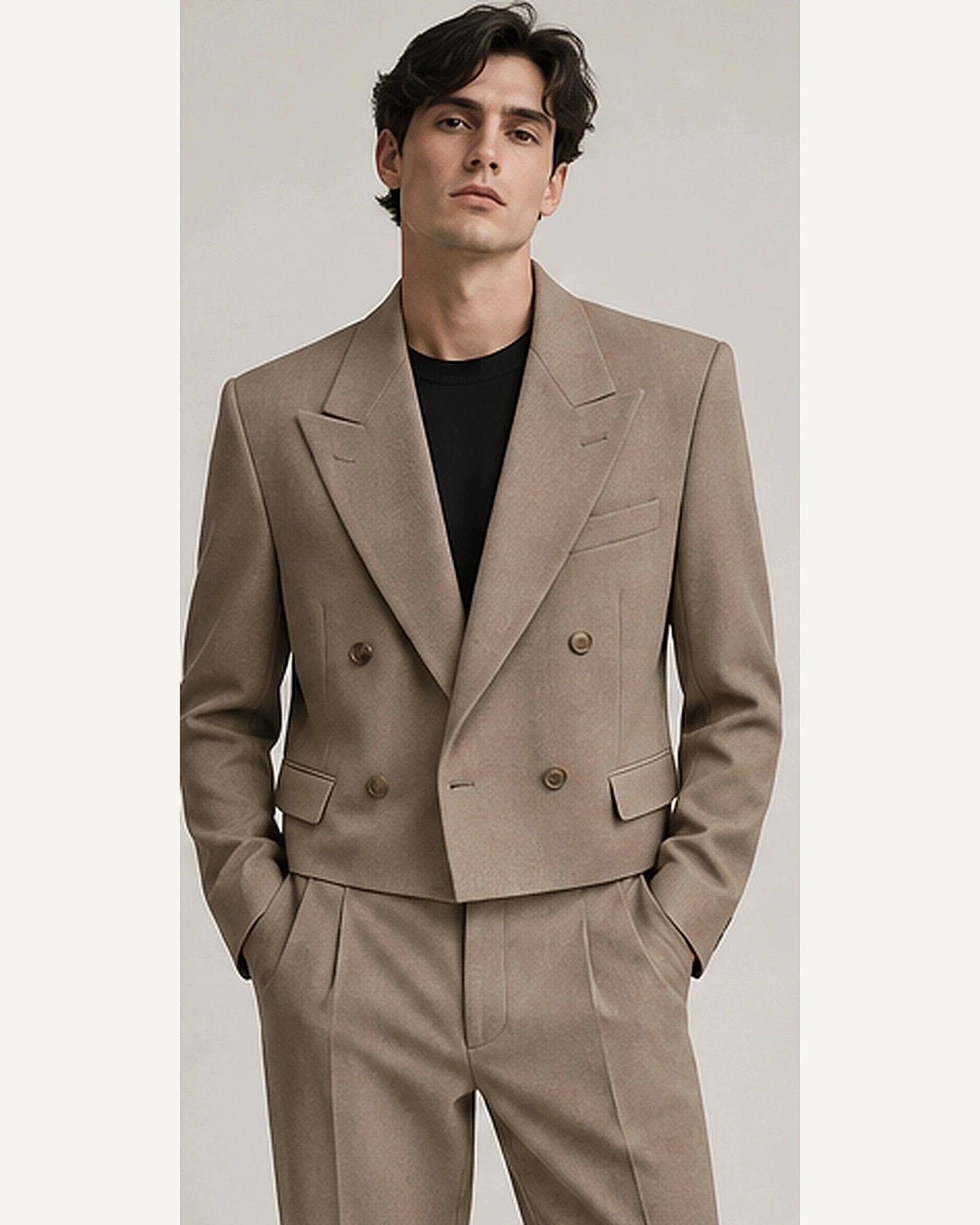 DFCOLOR::Taupe::onbody — Charcoal Cropped Double-Breasted Blazer; 4:5 full-image reframed without crop