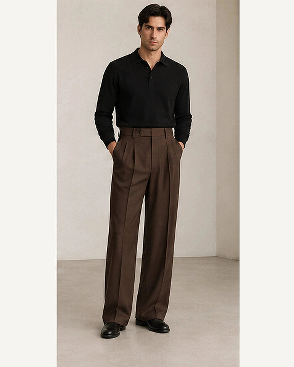 DFCOLOR::Chocolate::onbody — Charcoal High-Rise Wide-Pleat Trousers; 4:5 full-image reframed without crop