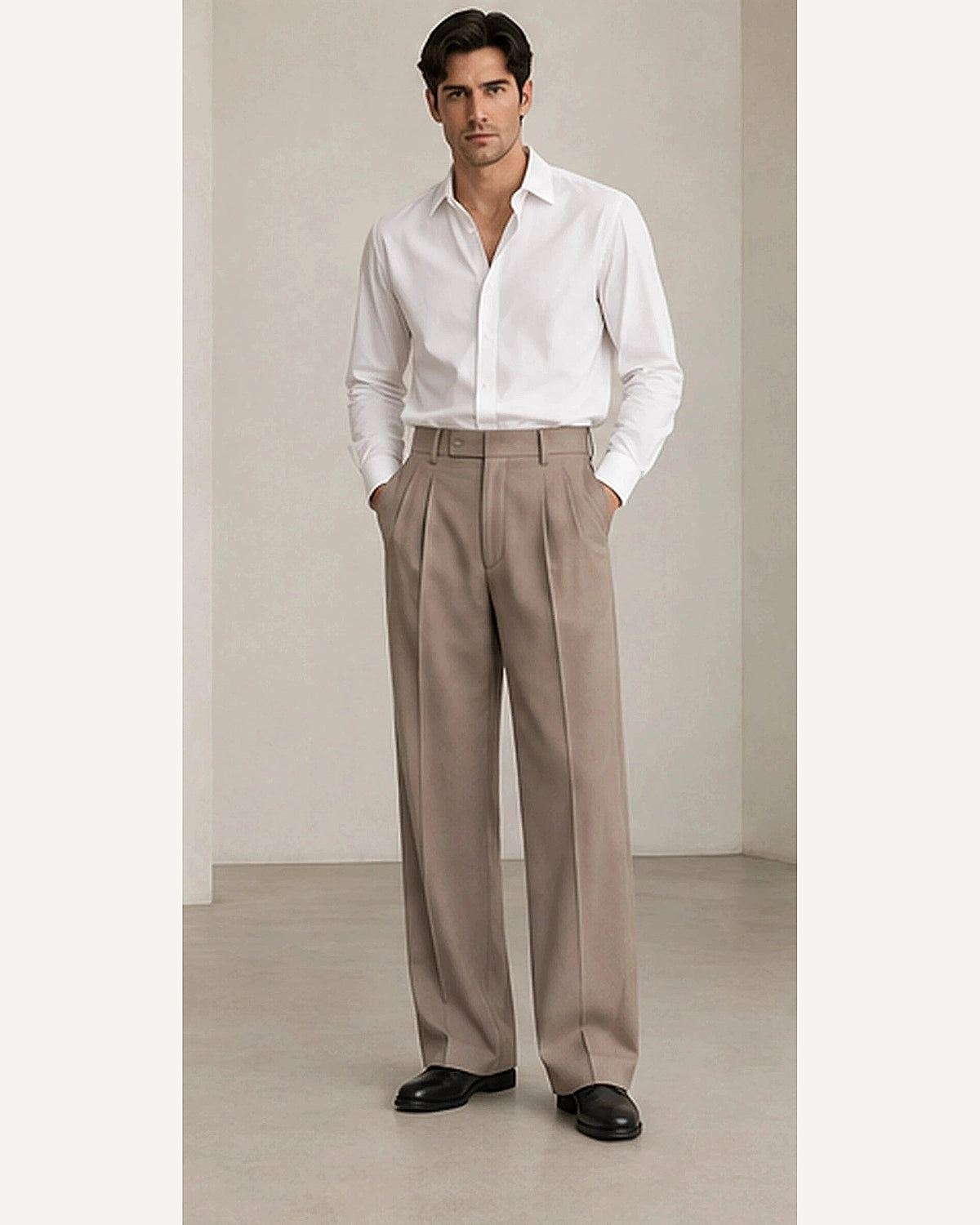 DFCOLOR::Taupe::onbody — Charcoal High-Rise Wide-Pleat Trousers; 4:5 full-image reframed without crop