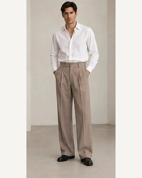 DFCOLOR::Taupe::onbody — Charcoal High-Rise Wide-Pleat Trousers; 4:5 full-image reframed without crop